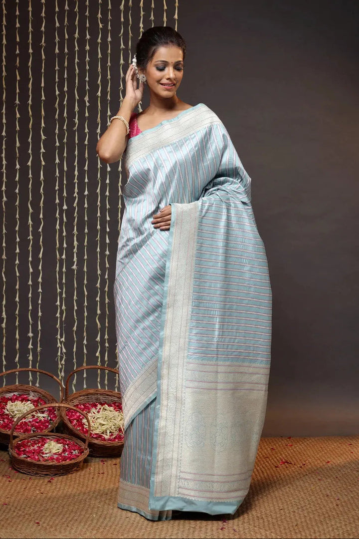 Exquisite Arctic Blue Pure Silk Brocade Banarasi Saree | SILK MARK CERTIFIED | SHOBITAM