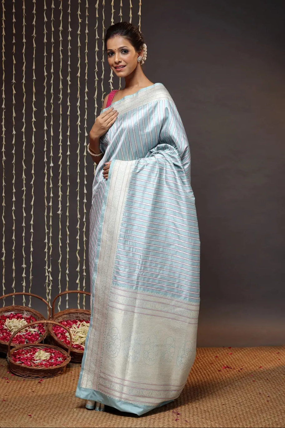 Exquisite Arctic Blue Pure Silk Brocade Banarasi Saree | SILK MARK CERTIFIED | SHOBITAM