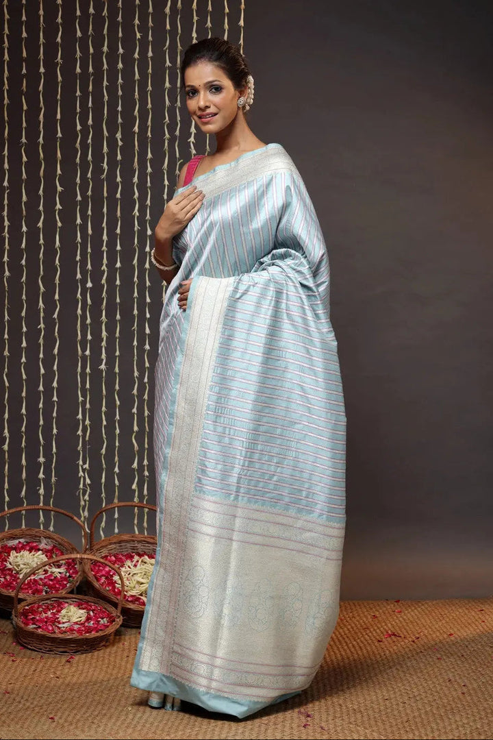 Exquisite Arctic Blue Pure Silk Brocade Banarasi Saree | SILK MARK CERTIFIED | SHOBITAM