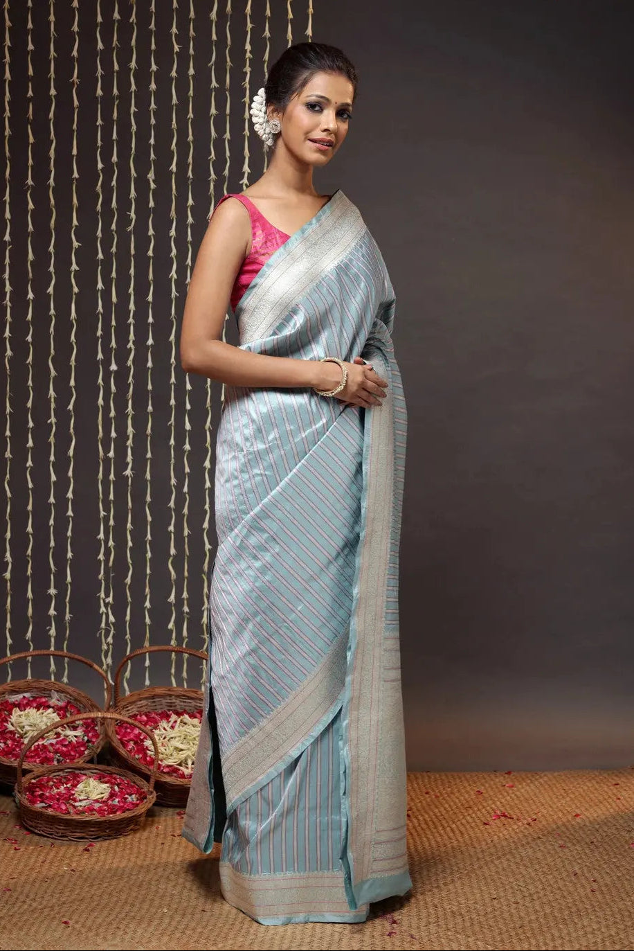 Exquisite Arctic Blue Pure Silk Brocade Banarasi Saree | SILK MARK CERTIFIED | SHOBITAM