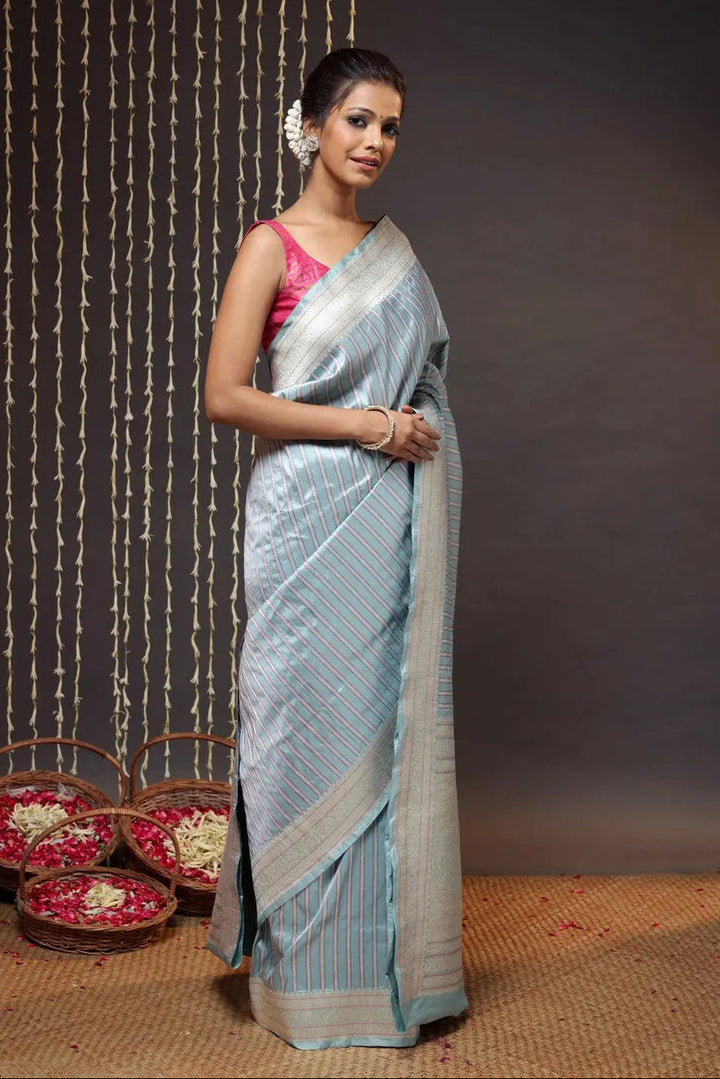 Exquisite Arctic Blue Pure Silk Brocade Banarasi Saree | SILK MARK CERTIFIED | SHOBITAM