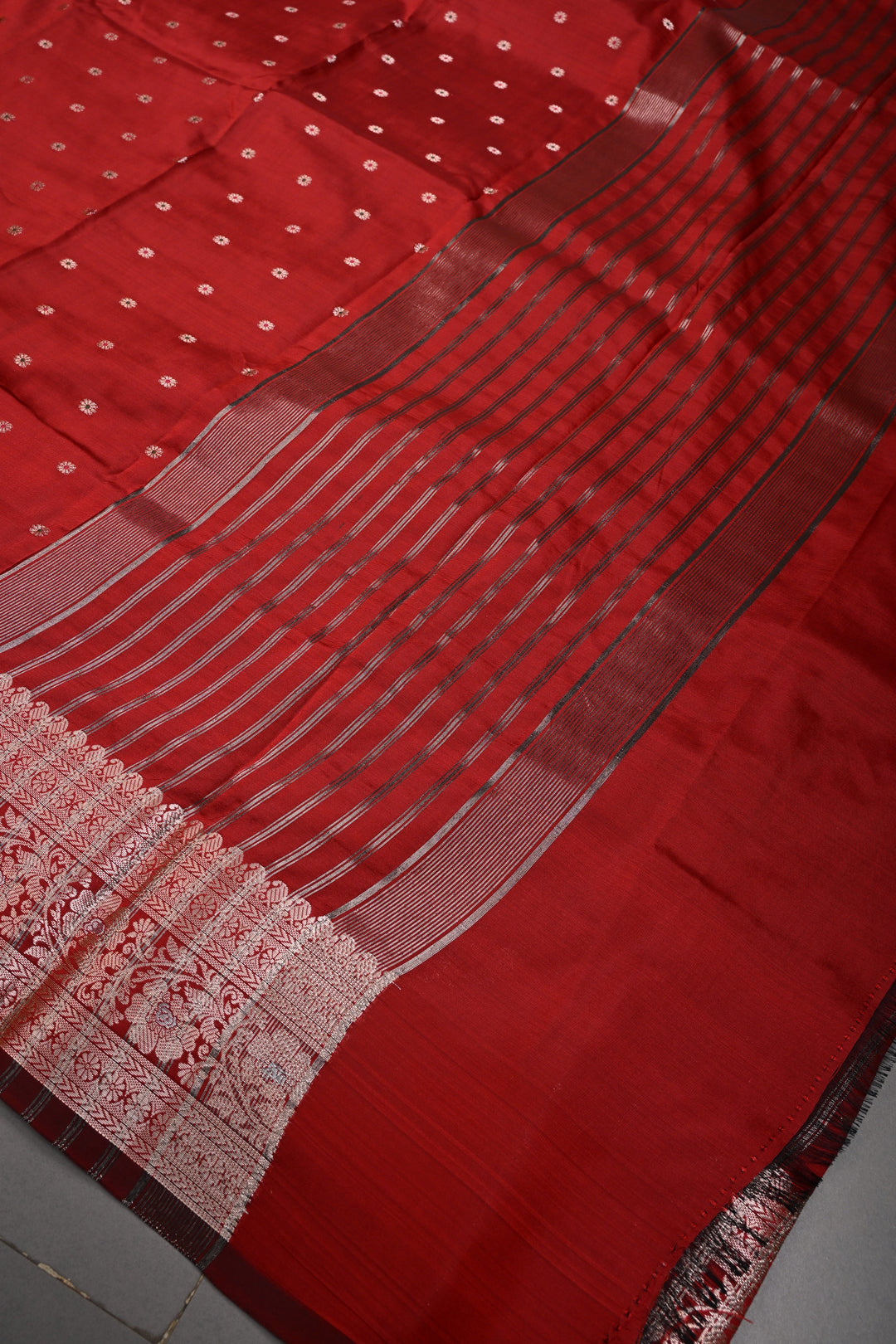 Deep Red Semi Silk Saree with Meenakari Chunri Zari Buttis and Zari Border | SHOBITAM