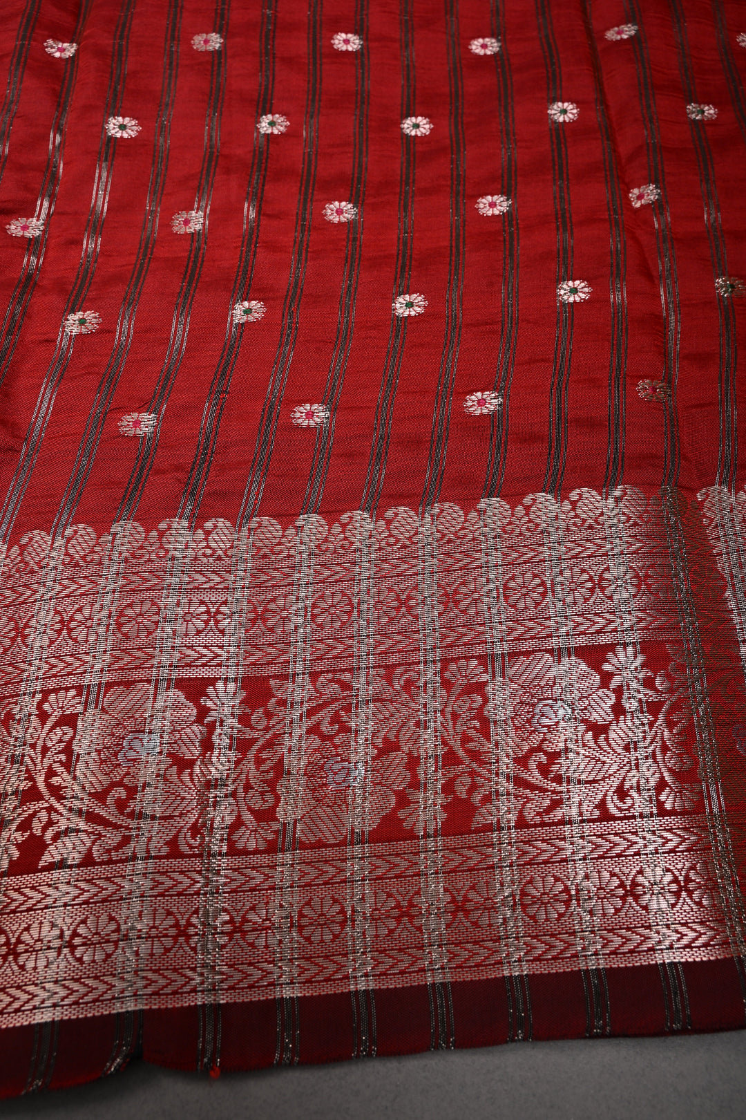 Deep Red Semi Silk Saree with Meenakari Chunri Zari Buttis and Zari Border | SHOBITAM
