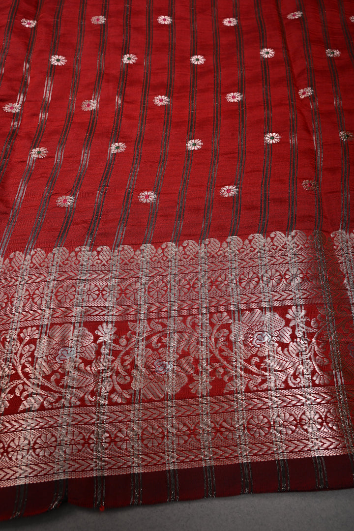 Deep Red Semi Silk Saree with Meenakari Chunri Zari Buttis and Zari Border | SHOBITAM