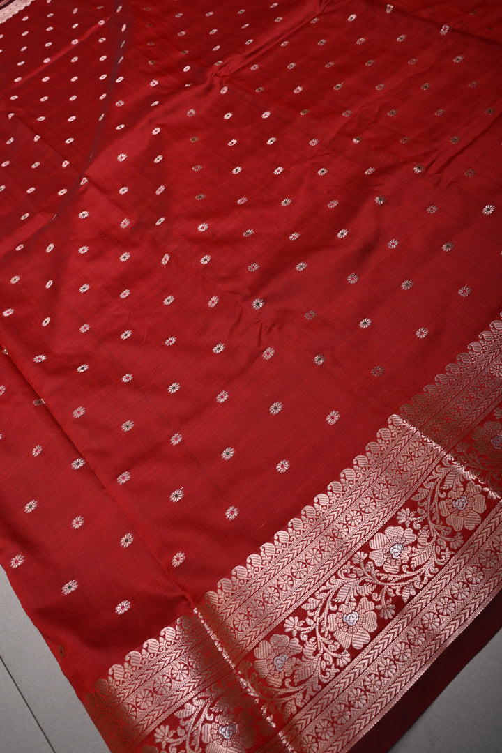 Deep Red Semi Silk Saree with Meenakari Chunri Zari Buttis and Zari Border | SHOBITAM