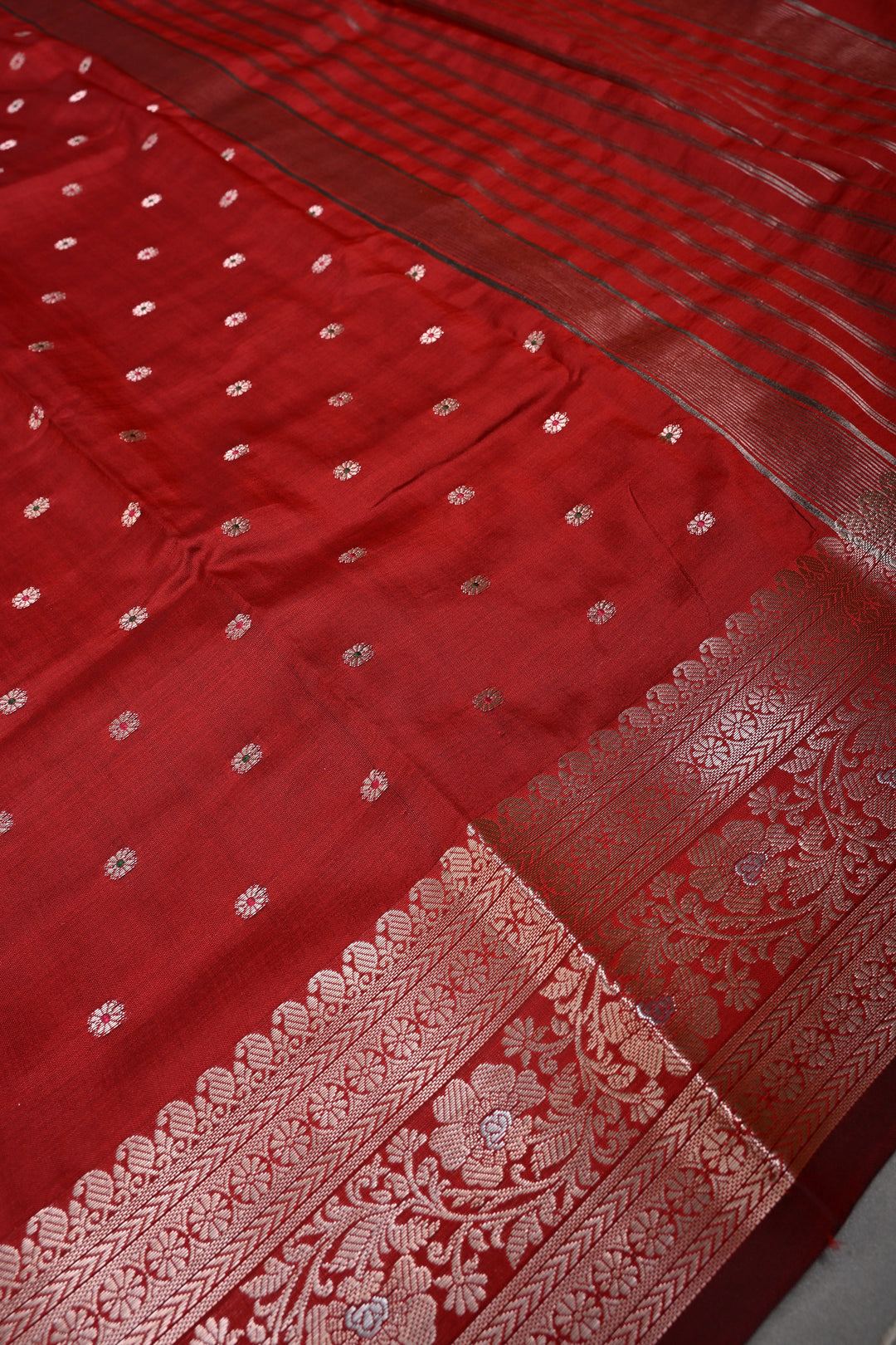 Deep Red Semi Silk Saree with Meenakari Chunri Zari Buttis and Zari Border | SHOBITAM