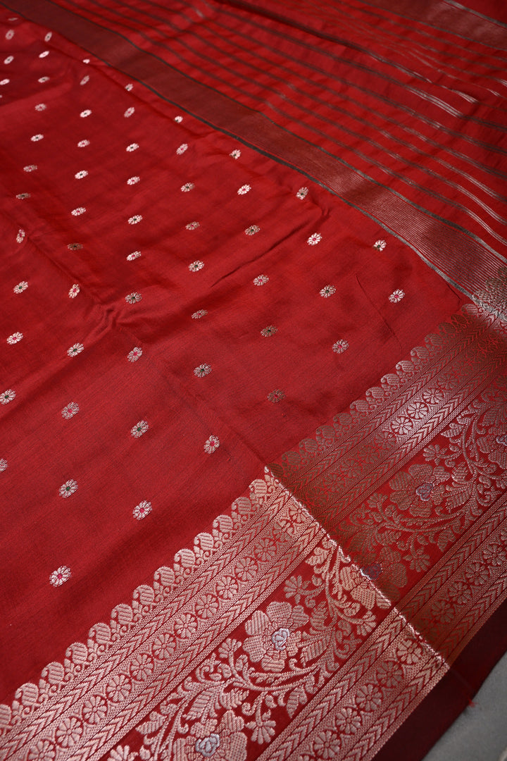 Deep Red Semi Silk Saree with Meenakari Chunri Zari Buttis and Zari Border | SHOBITAM