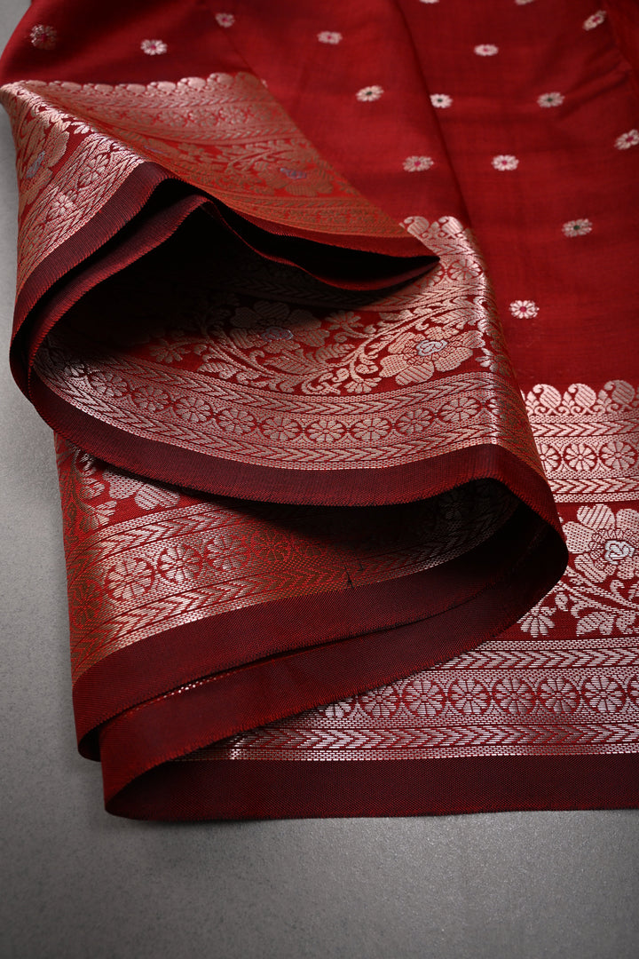 Deep Red Semi Silk Saree with Meenakari Chunri Zari Buttis and Zari Border | SHOBITAM