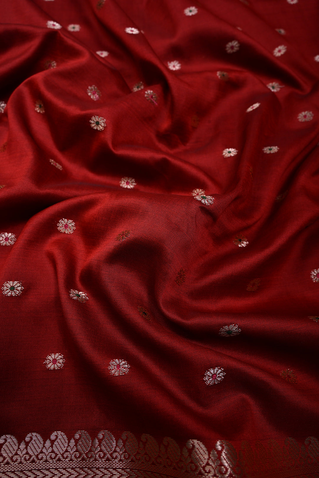 Deep Red Semi Silk Saree with Meenakari Chunri Zari Buttis and Zari Border | SHOBITAM
