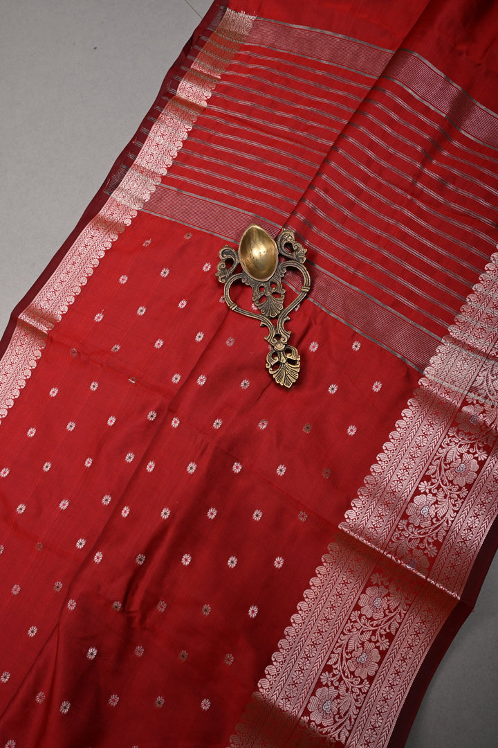 Deep Red Semi Silk Saree with Meenakari Chunri Zari Buttis and Zari Border | SHOBITAM