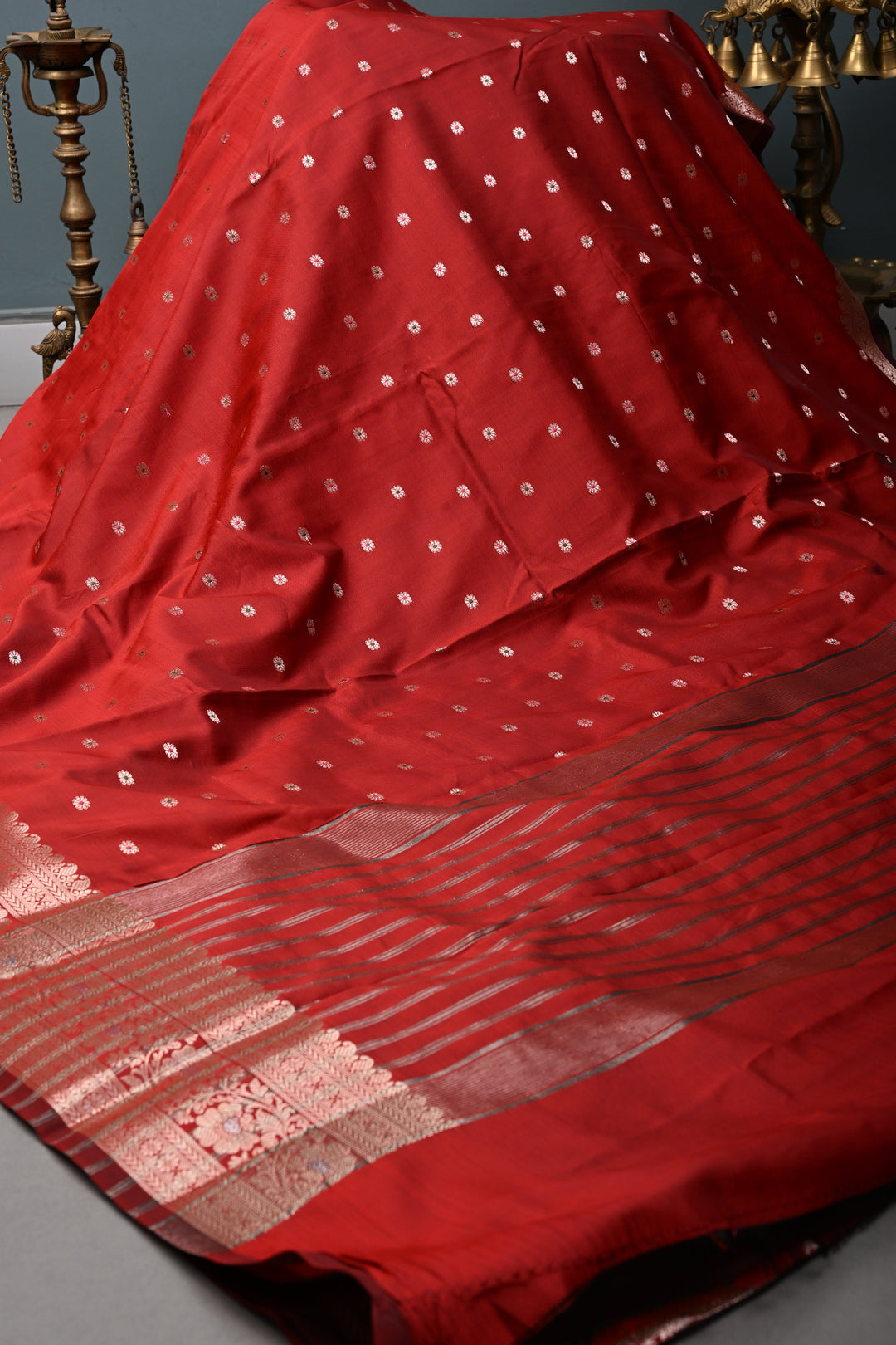 Deep Red Semi Silk Saree with Meenakari Chunri Zari Buttis and Zari Border | SHOBITAM