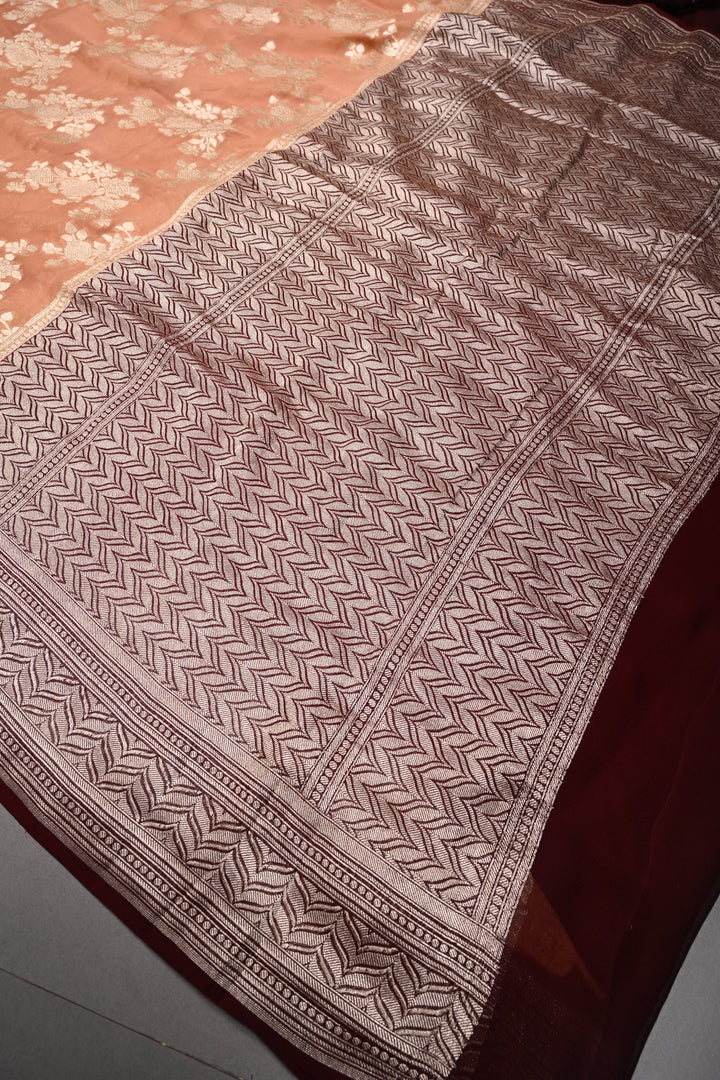 Dusty Rose Pure Georgette  Silk Banarasi Saree  with rose Jaal Weave Zari | SILK MARK CERTIFIED | SHOBITAM