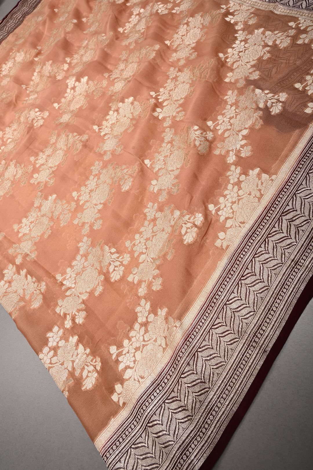 Dusty Rose Pure Georgette  Silk Banarasi Saree  with rose Jaal Weave Zari | SILK MARK CERTIFIED | SHOBITAM