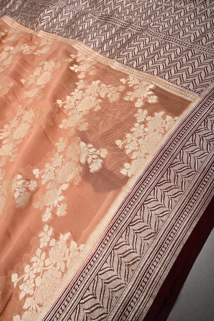 Dusty Rose Pure Georgette  Silk Banarasi Saree  with rose Jaal Weave Zari | SILK MARK CERTIFIED | SHOBITAM