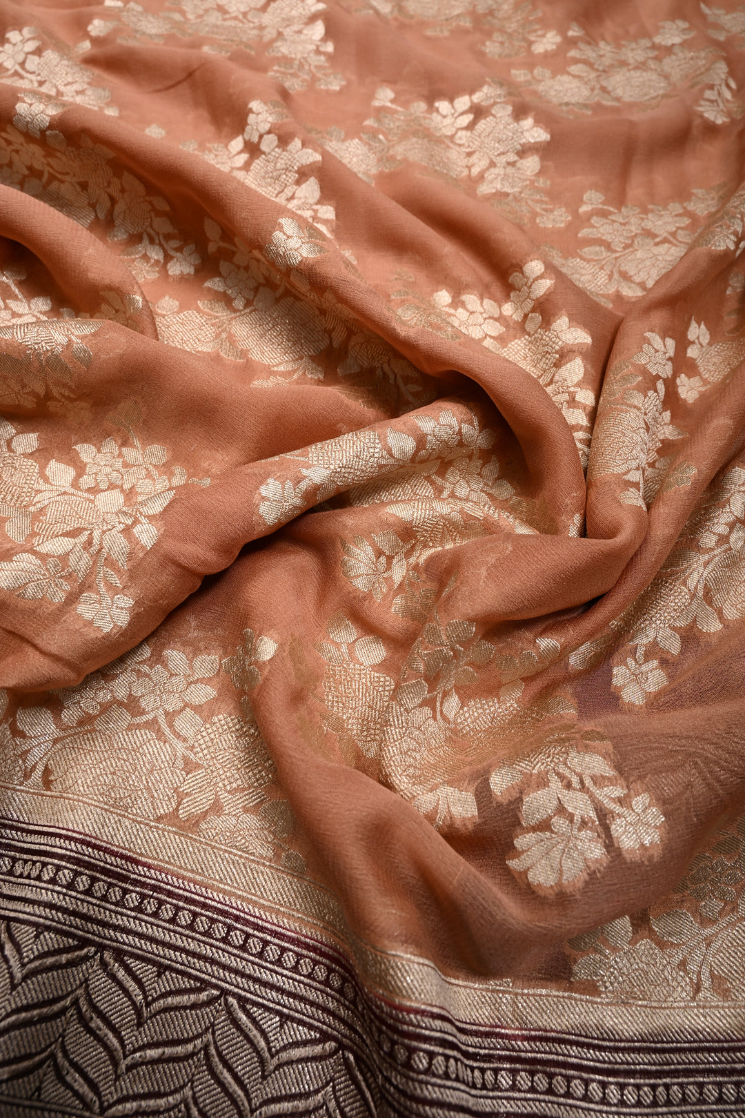 Dusty Rose Pure Georgette  Silk Banarasi Saree  with rose Jaal Weave Zari | SILK MARK CERTIFIED | SHOBITAM