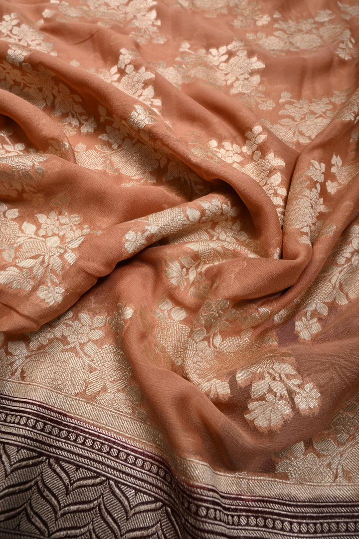 Dusty Rose Pure Georgette  Silk Banarasi Saree  with rose Jaal Weave Zari | SILK MARK CERTIFIED | SHOBITAM