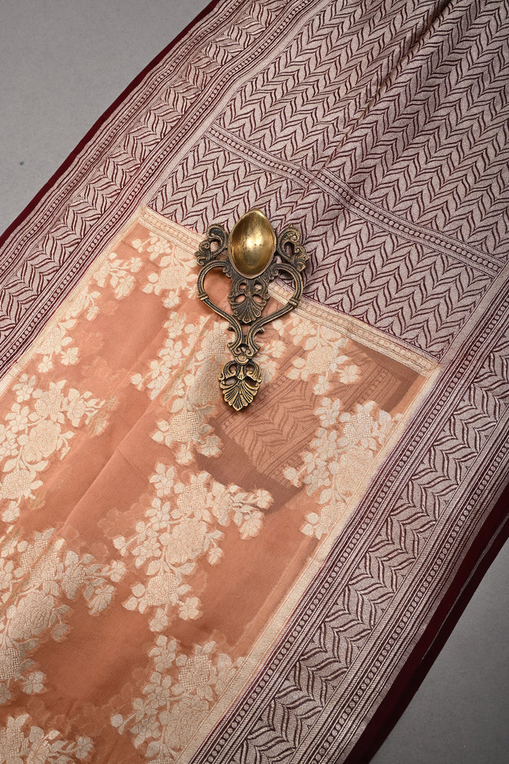 Dusty Rose Pure Georgette  Silk Banarasi Saree  with rose Jaal Weave Zari | SILK MARK CERTIFIED | SHOBITAM
