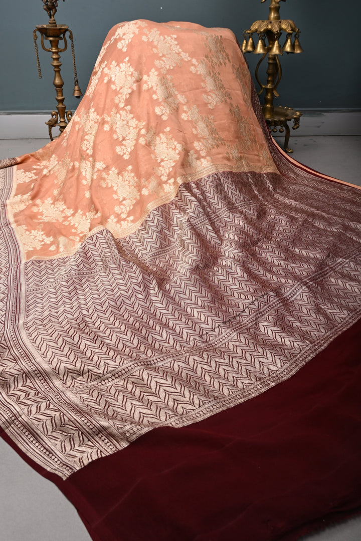 Dusty Rose Pure Georgette  Silk Banarasi Saree  with rose Jaal Weave Zari | SILK MARK CERTIFIED | SHOBITAM