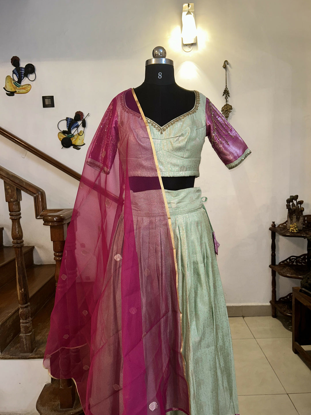 Yuvathi Mint green silk half Saree lehenga set with aari work