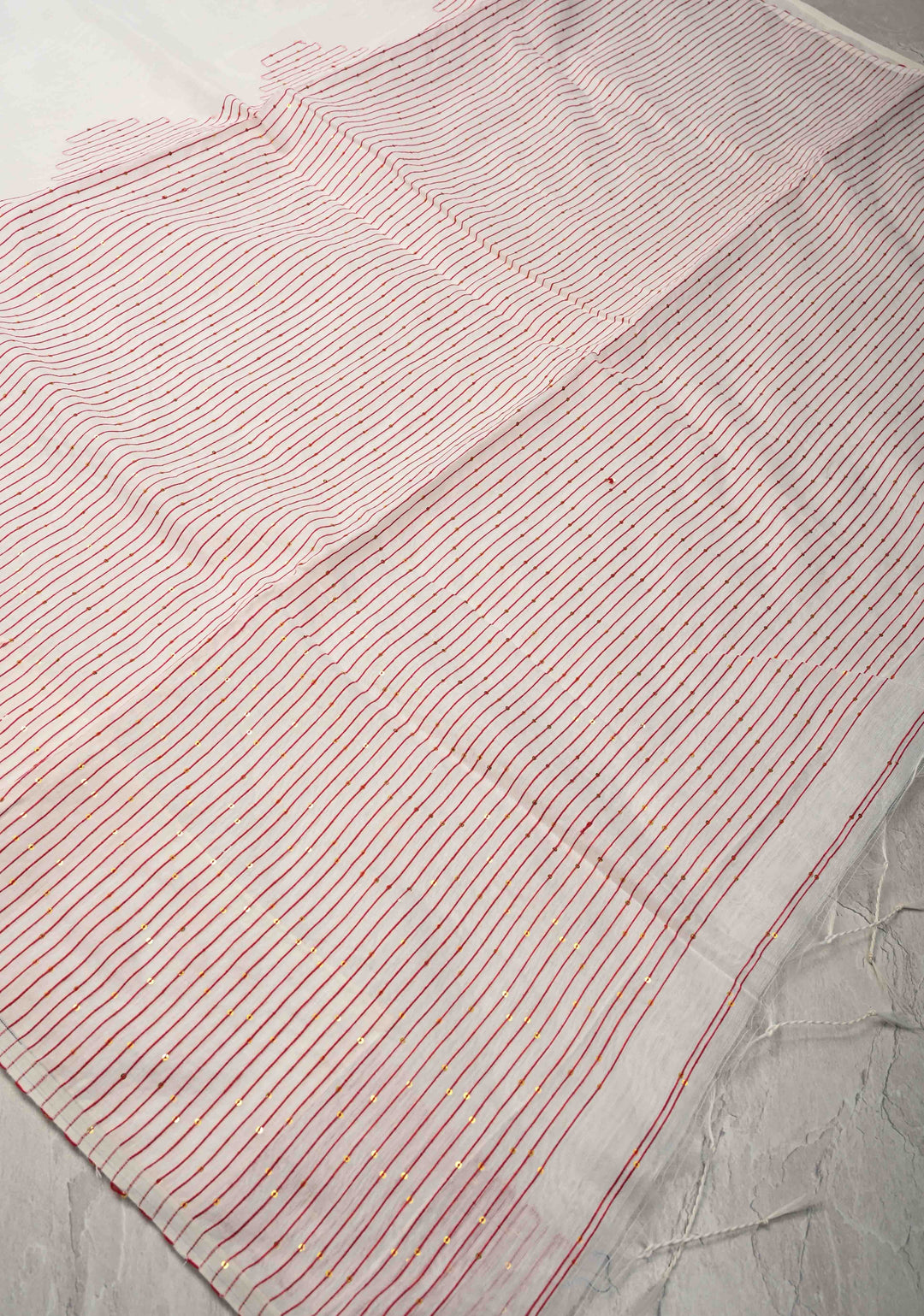 White Cotton Blend Saree with Sequins Border and Pallu | SHOBITAM