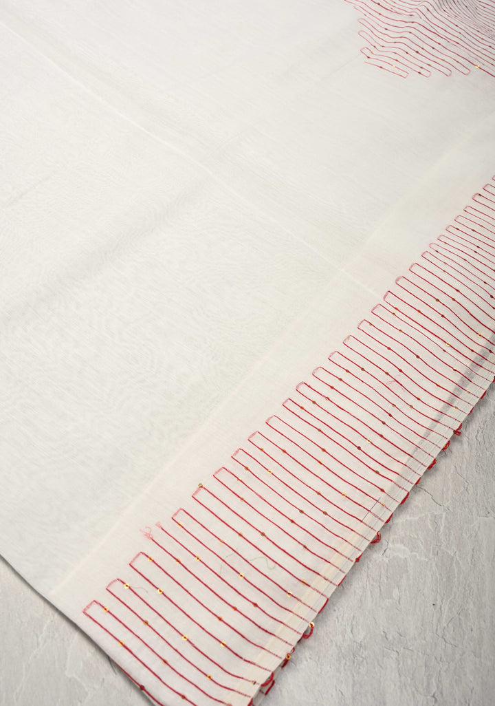 White Cotton Blend Saree with Sequins Border and Pallu | SHOBITAM