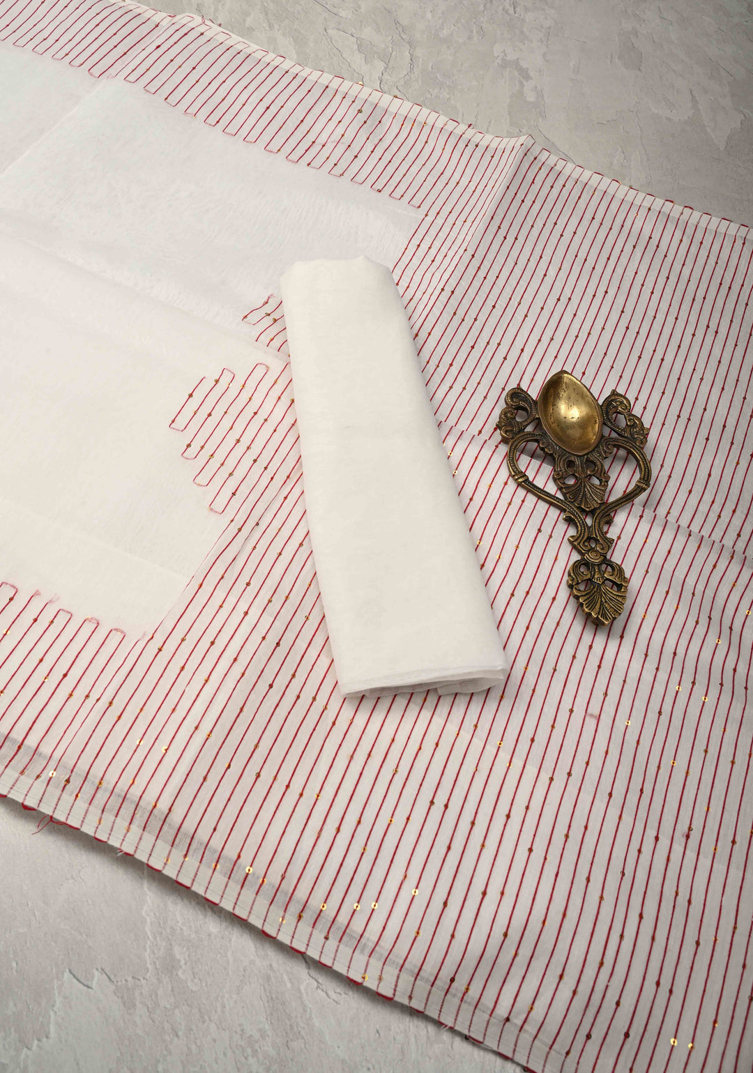 White Cotton Blend Saree with Sequins Border and Pallu | SHOBITAM