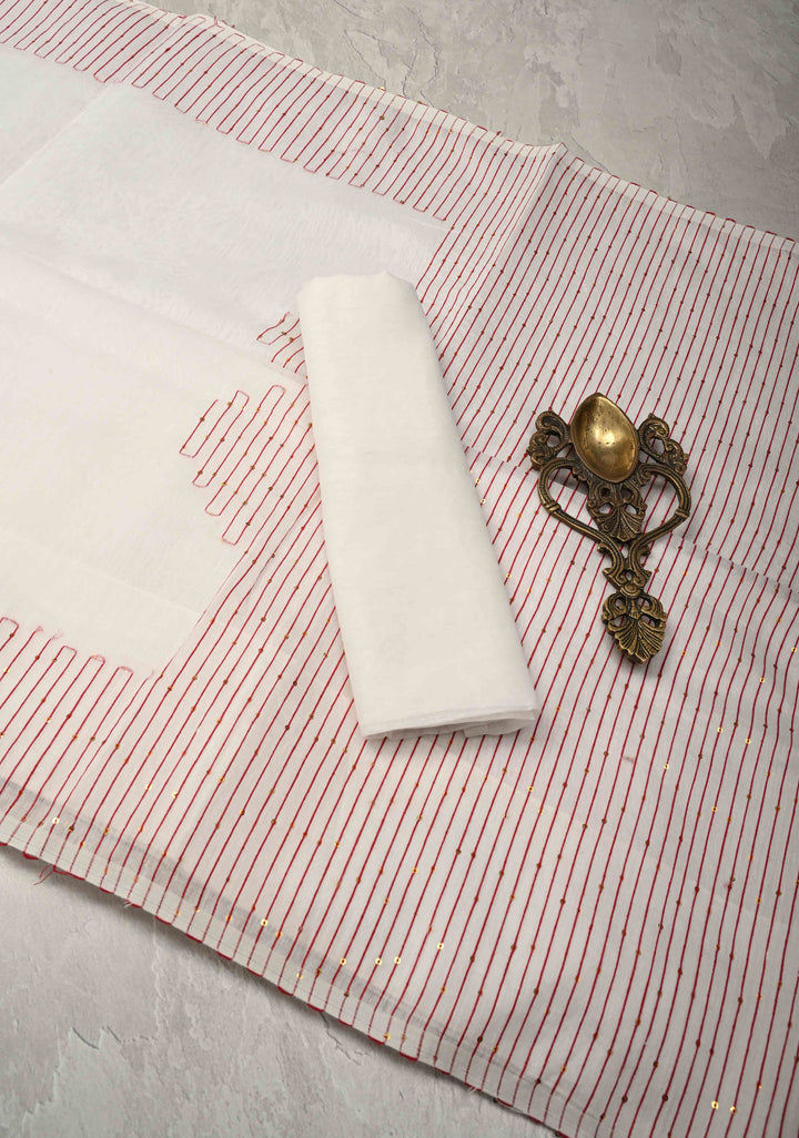 White Cotton Blend Saree with Sequins Border and Pallu | SHOBITAM