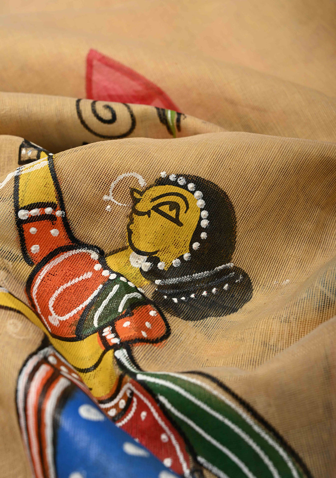 Bengal Cotton Saree in Beige with Ganesh Patachitra Handpainting and Red Borders