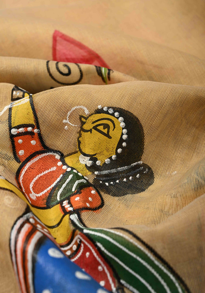 Bengal Cotton Saree in Beige with Ganesh Patachitra Handpainting and Red Borders