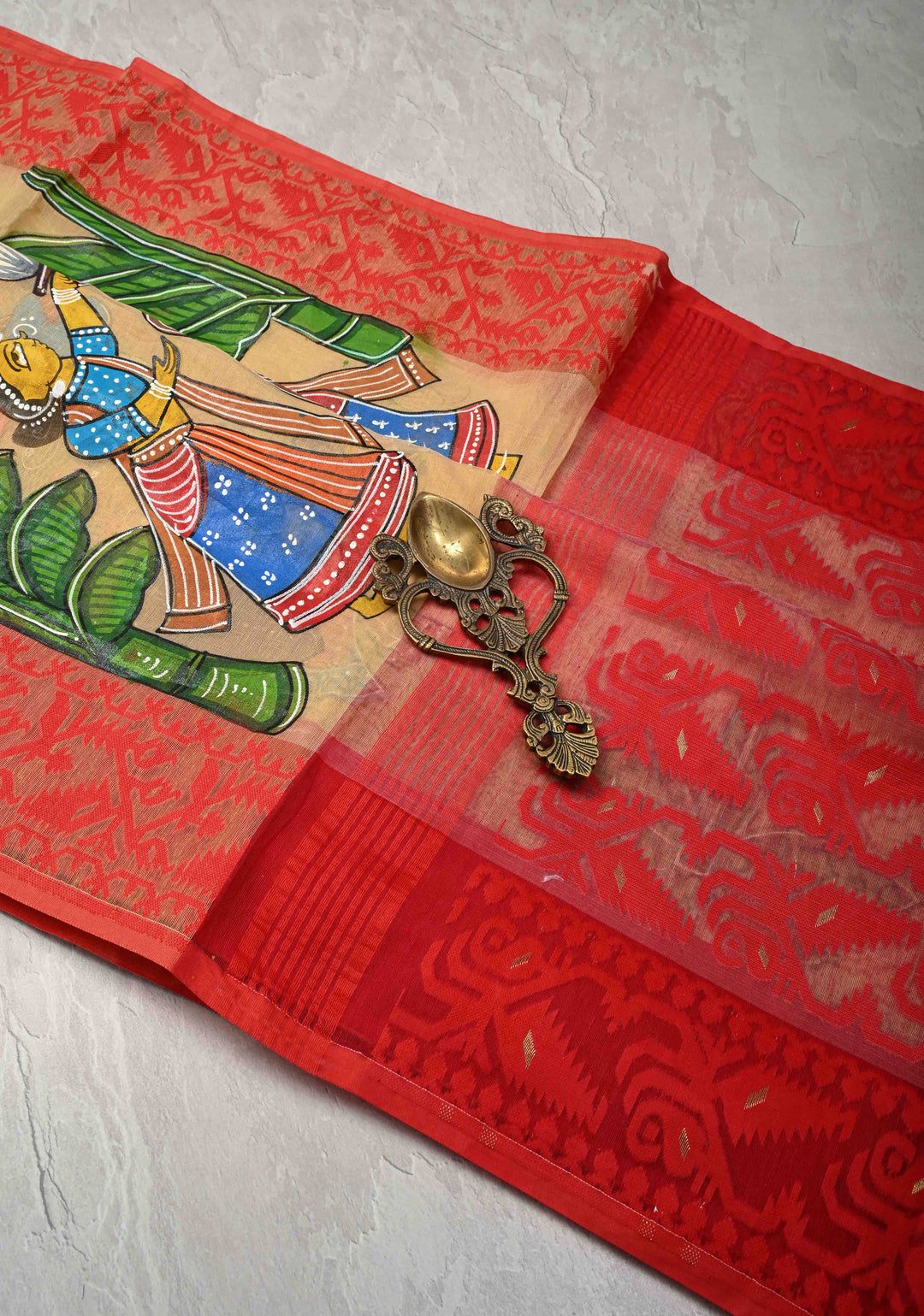 Bengal Cotton Saree in Beige with Ganesh Patachitra Handpainting and Red Borders