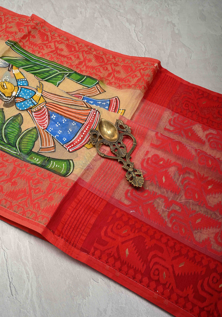 Bengal Cotton Saree in Beige with Ganesh Patachitra Handpainting and Red Borders