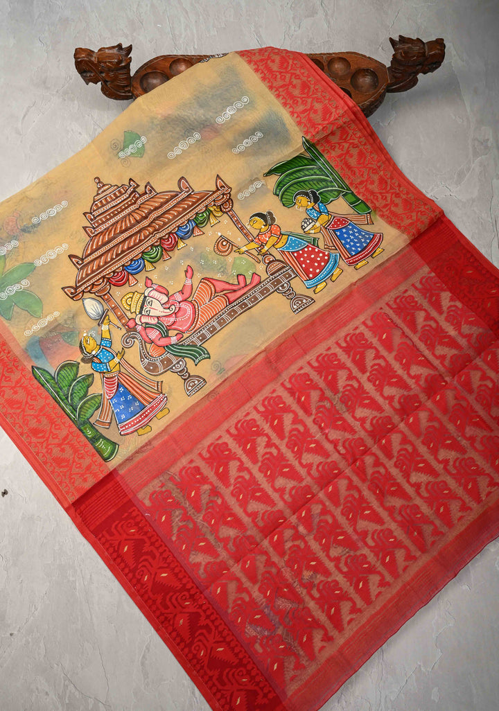 Bengal Cotton Saree in Beige with Ganesh Patachitra Handpainting and Red Borders