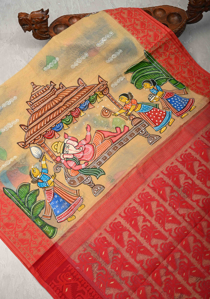 Bengal Cotton Saree in Beige with Ganesh Patachitra Handpainting and Red Borders