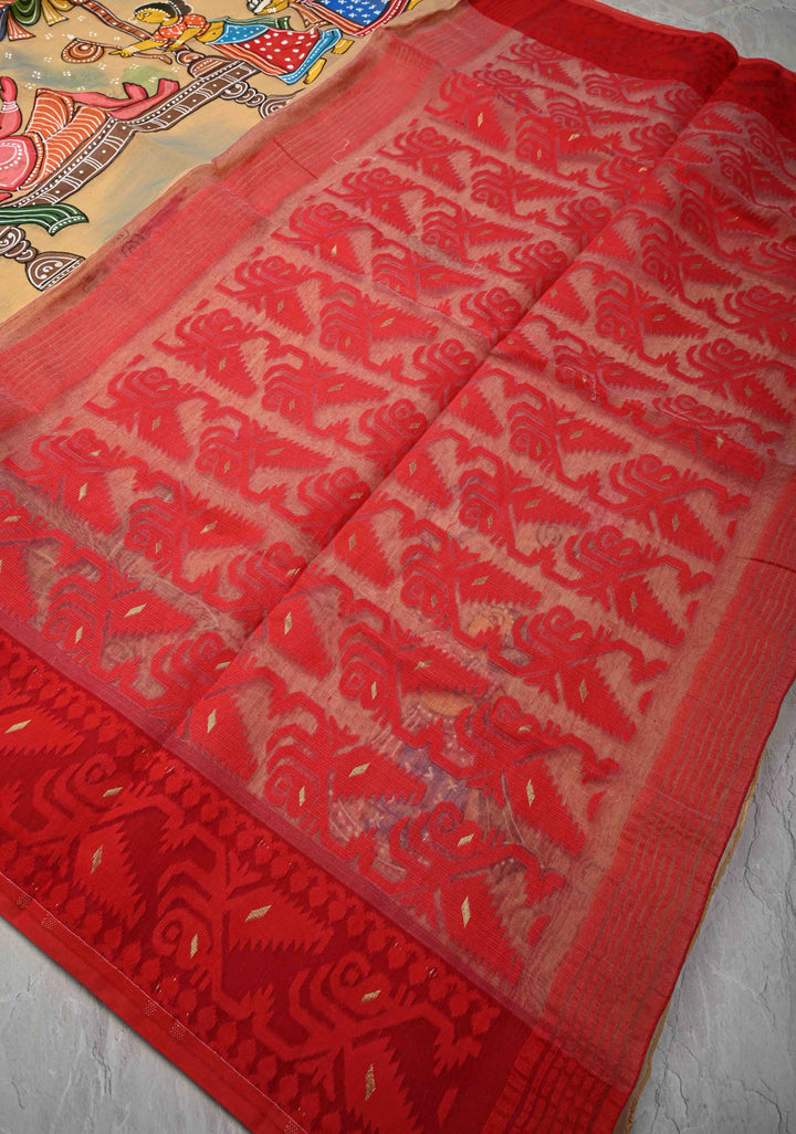 Bengal Cotton Saree in Beige with Ganesh Patachitra Handpainting and Red Borders