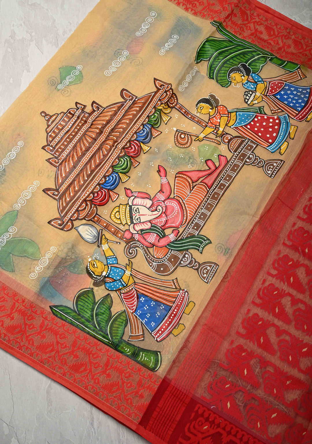 Bengal Cotton Saree in Beige with Ganesh Patachitra Handpainting and Red Borders