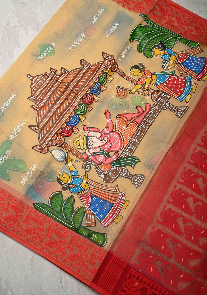 Bengal Cotton Saree in Beige with Ganesh Patachitra Handpainting and Red Borders