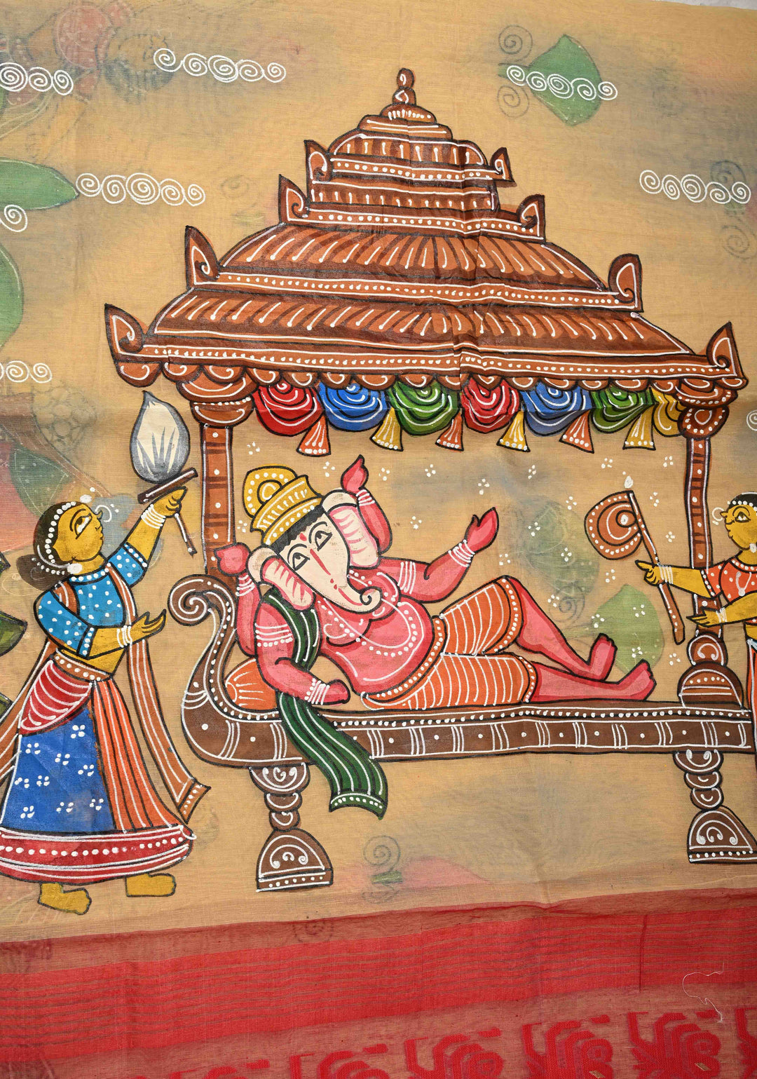 Bengal Cotton Saree in Beige with Ganesh Patachitra Handpainting and Red Borders