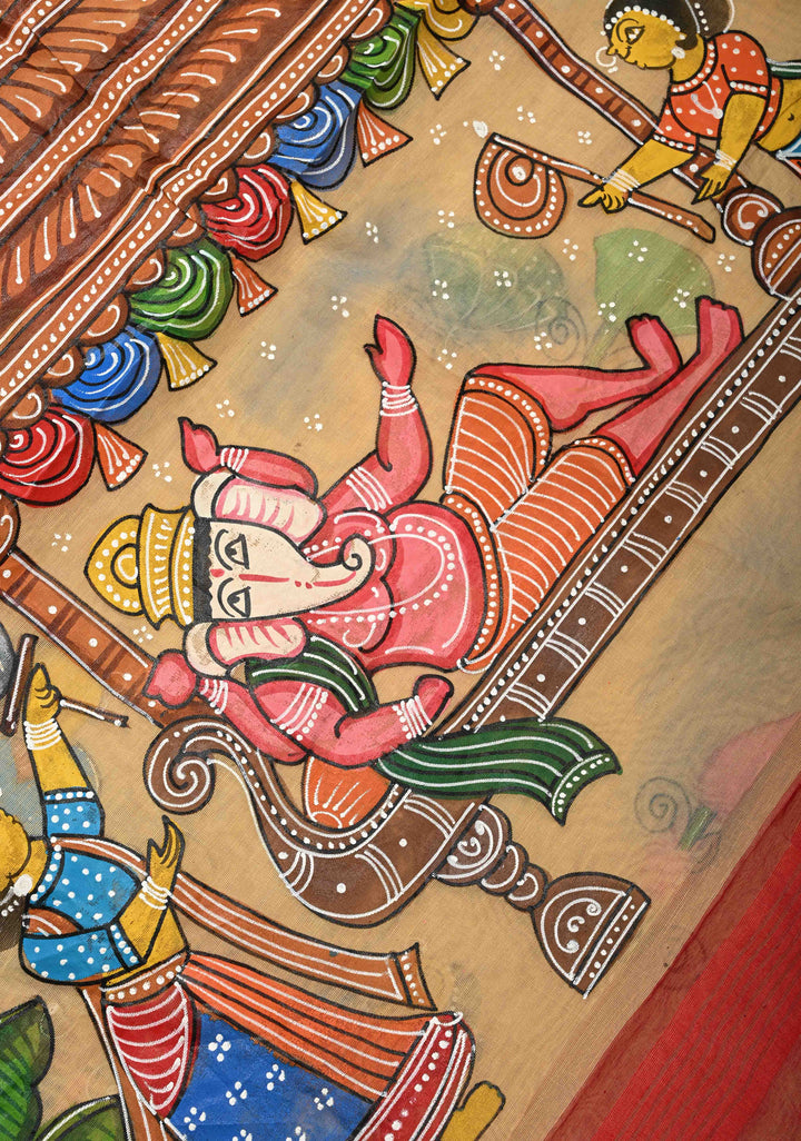 Bengal Cotton Saree in Beige with Ganesh Patachitra Handpainting and Red Borders