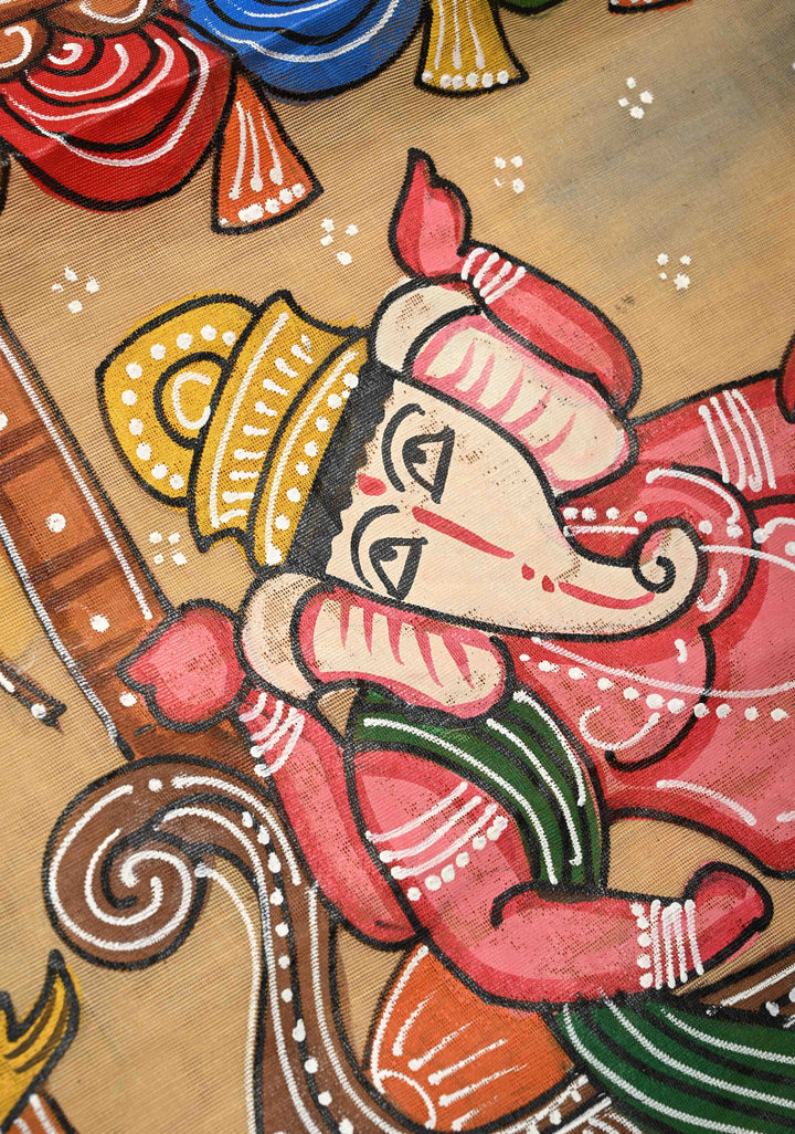 Bengal Cotton Saree in Beige with Ganesh Patachitra Handpainting and Red Borders