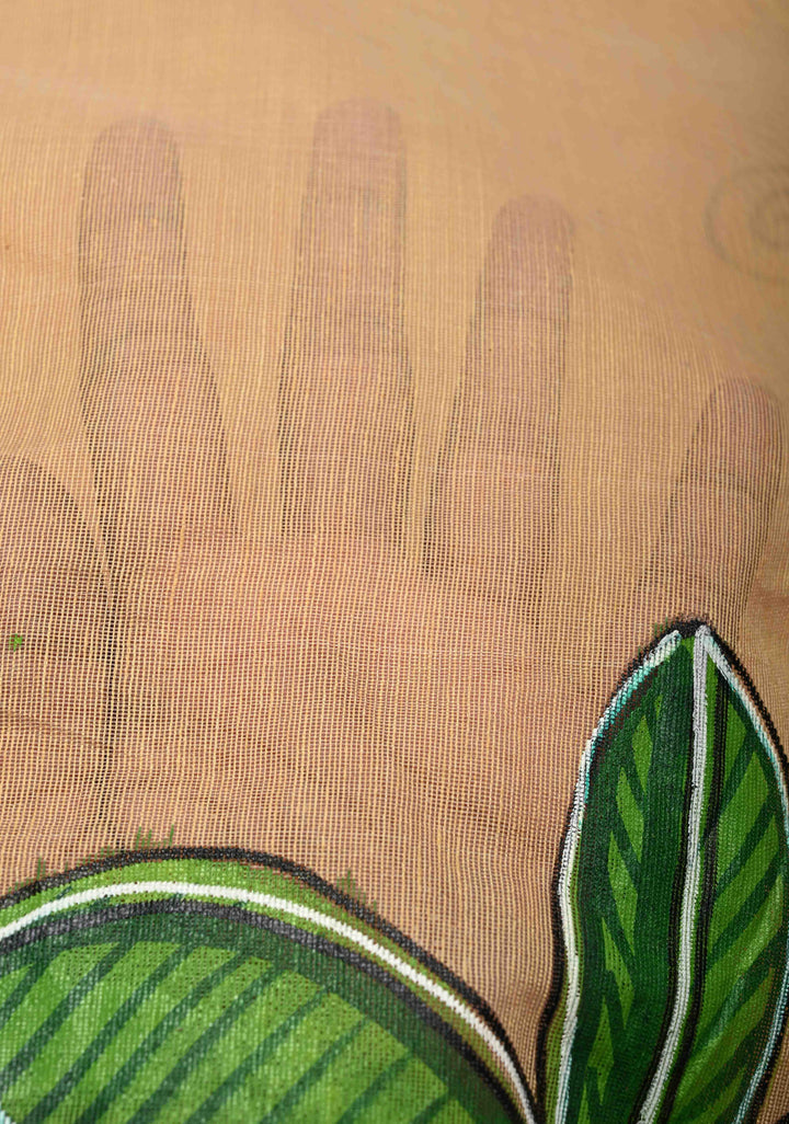 Bengal Cotton Saree in Beige with Ganesh Patachitra Handpainting and Red Borders