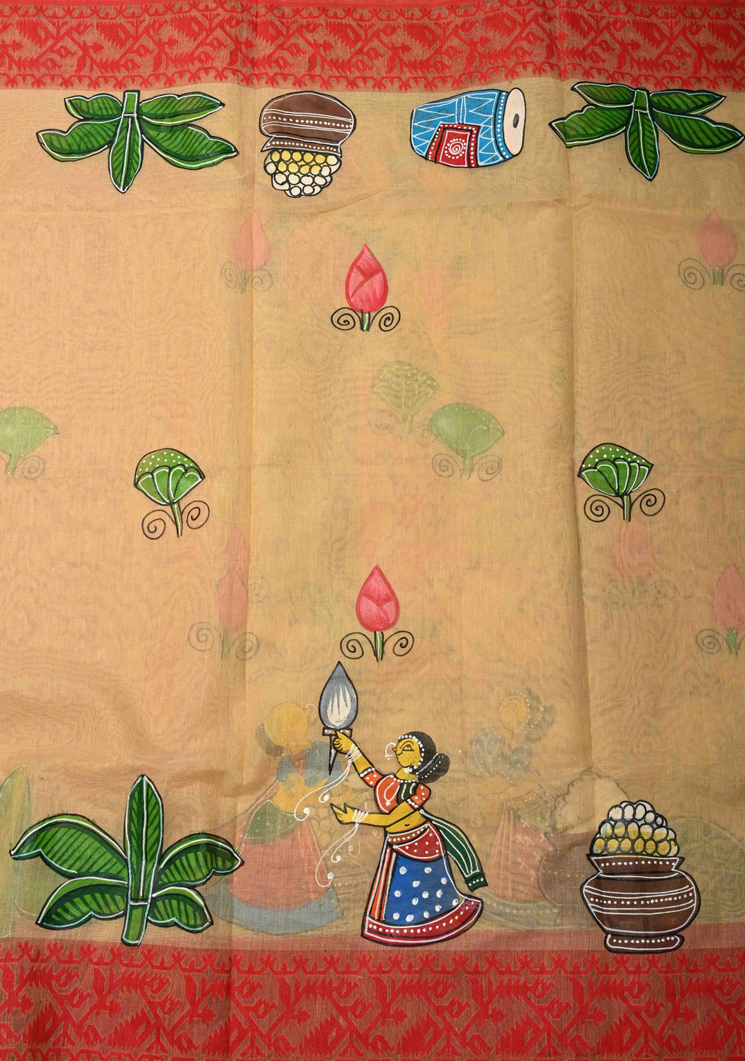 Bengal Cotton Saree in Beige with Ganesh Patachitra Handpainting and Red Borders