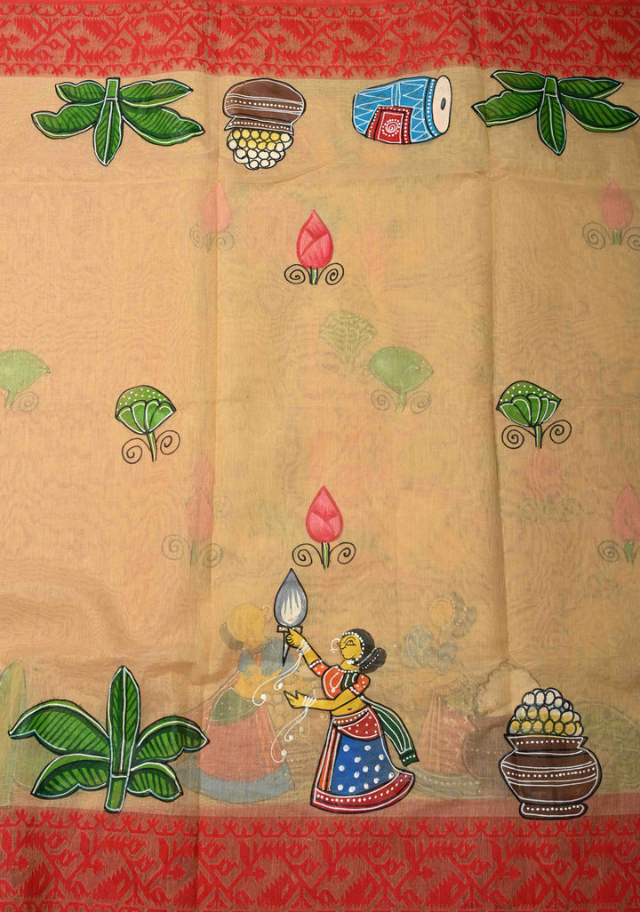 Bengal Cotton Saree in Beige with Ganesh Patachitra Handpainting and Red Borders