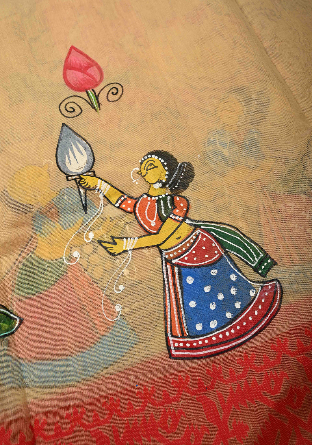 Bengal Cotton Saree in Beige with Ganesh Patachitra Handpainting and Red Borders
