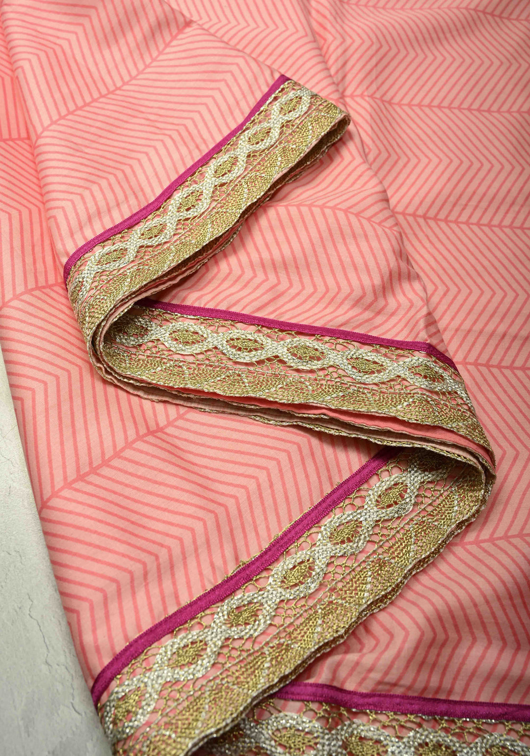 Blush Pink Viscose Saree With Stripes and Gota Patti Border | SHOBITAM