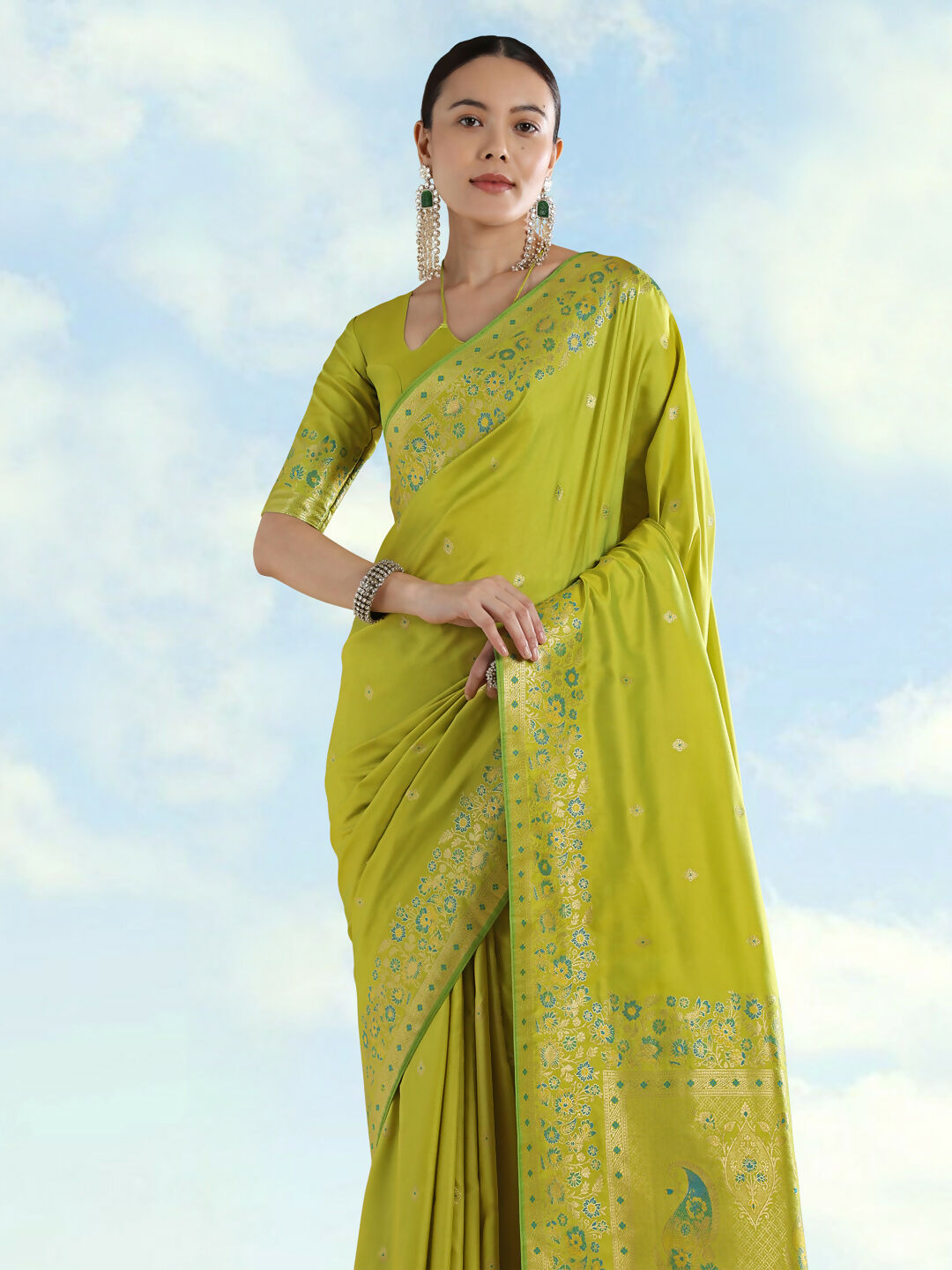 Pear Semi Banarasi Satin silk Saree With Zari Border And Butti Work | SHOBITAM