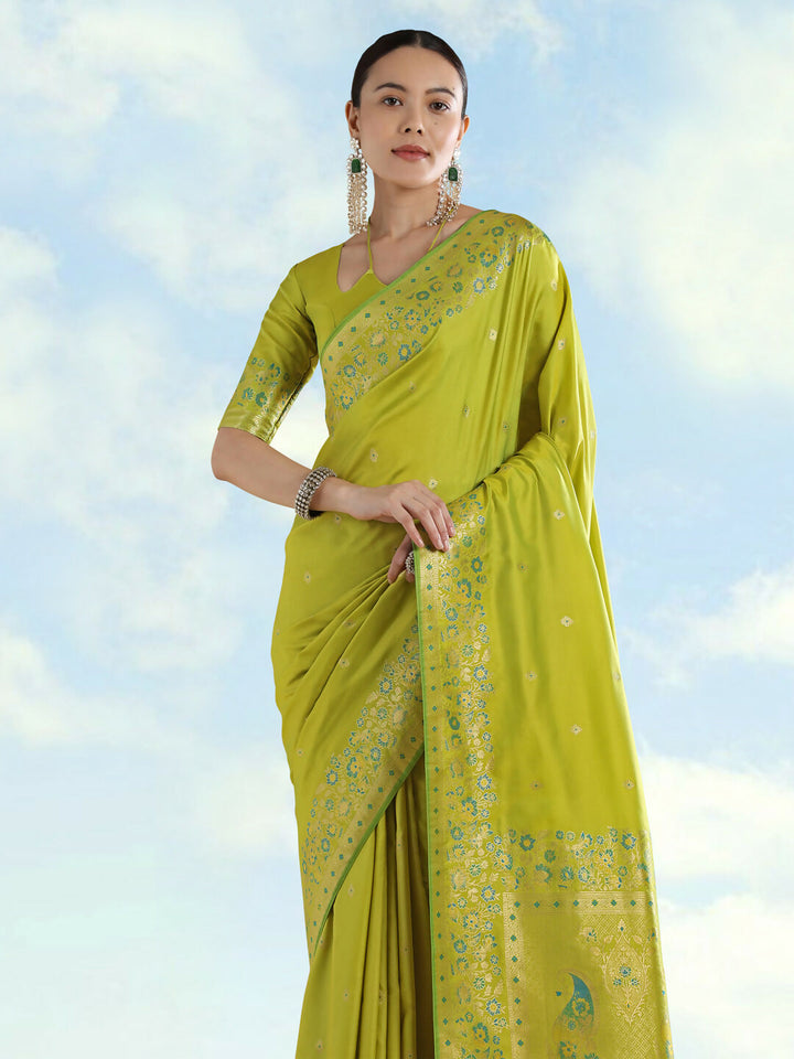 Pear Semi Banarasi Satin silk Saree With Zari Border And Butti Work | SHOBITAM