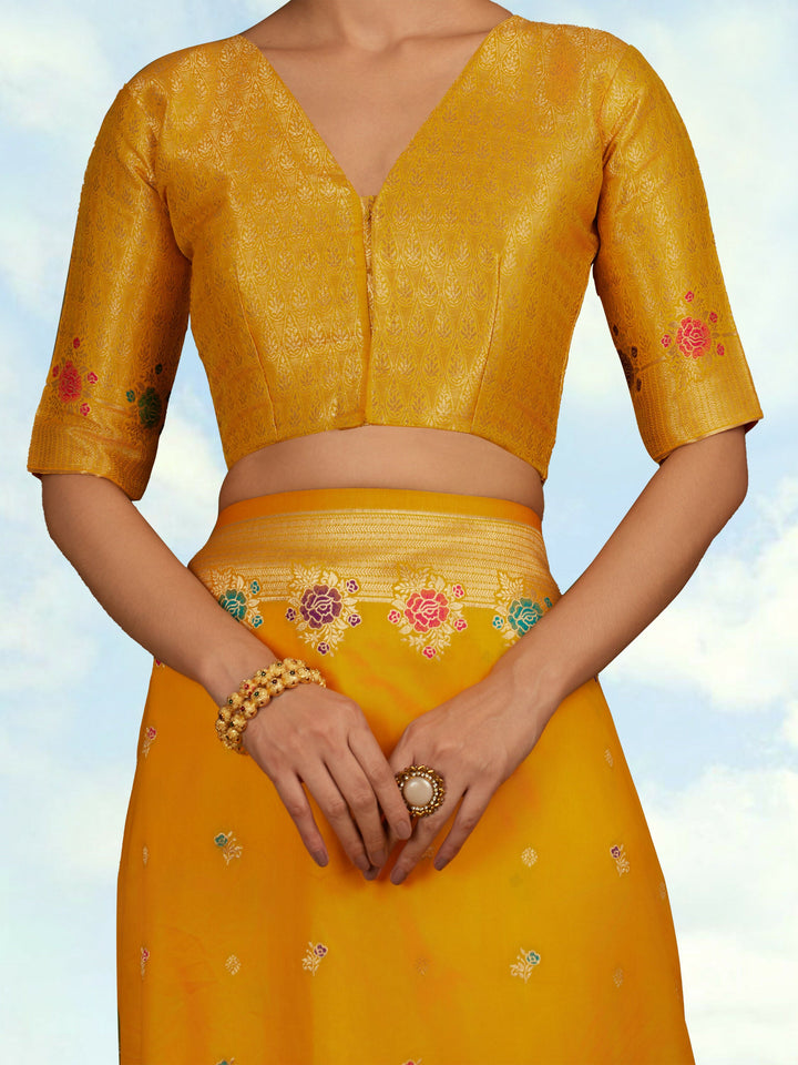 Yellow Semi Banarasi Silk Blend Saree With Zari Woven Work | SHOBITAM