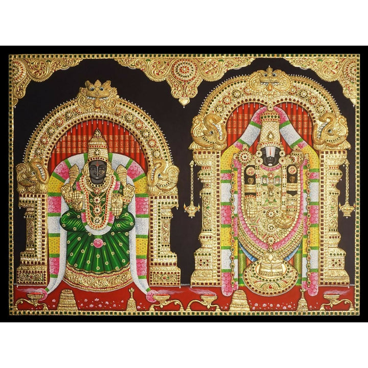 48*36 Tanjore painting of Balaji with padmavathi Authentic With 22 Ct gold Foil and Jaipur Gemstones,Unframed-Sobitam