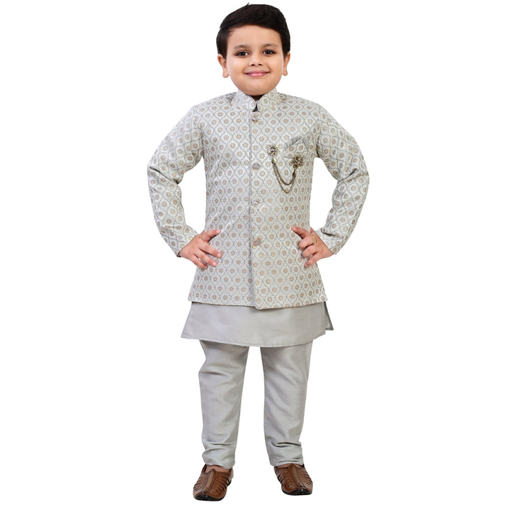 Boys Geometric Jacquard Indo Western Sherwani with Kurta Pajama - Grey | SHOBITAM