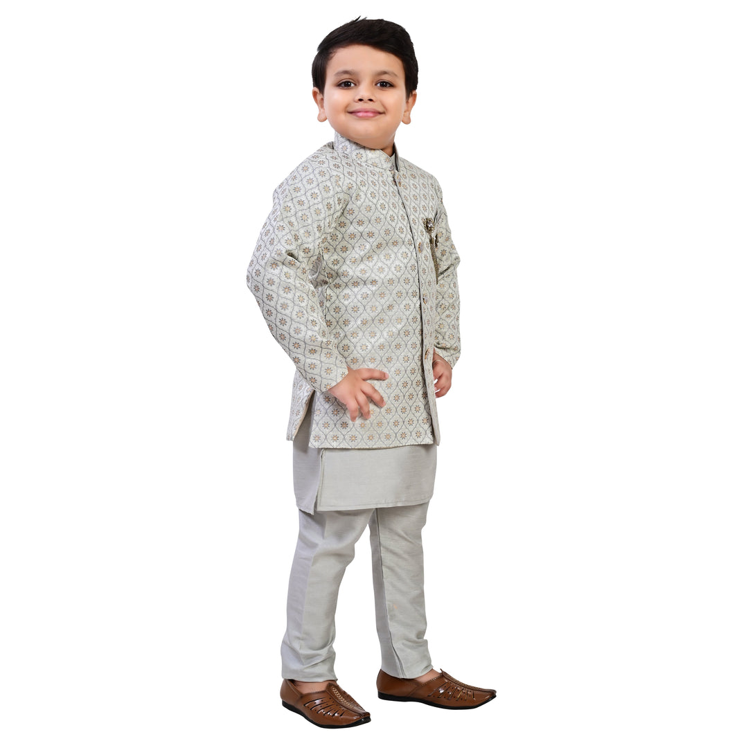 Boys Geometric Jacquard Indo Western Sherwani with Kurta Pajama - Grey | SHOBITAM